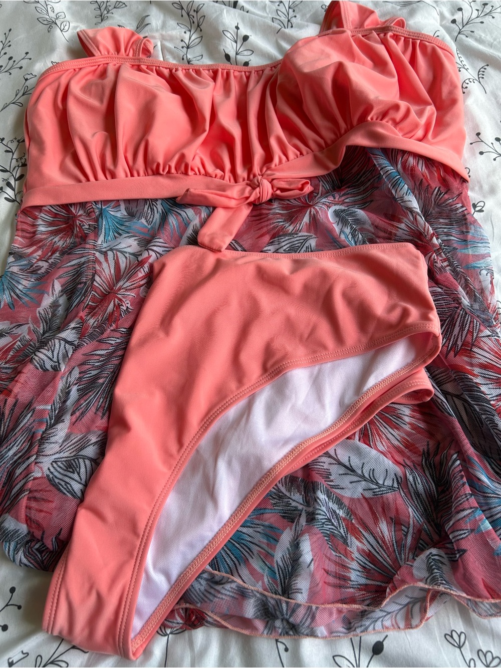 SHEIN Coral Pink Ruched Tankini with Tropical Mesh Skirt